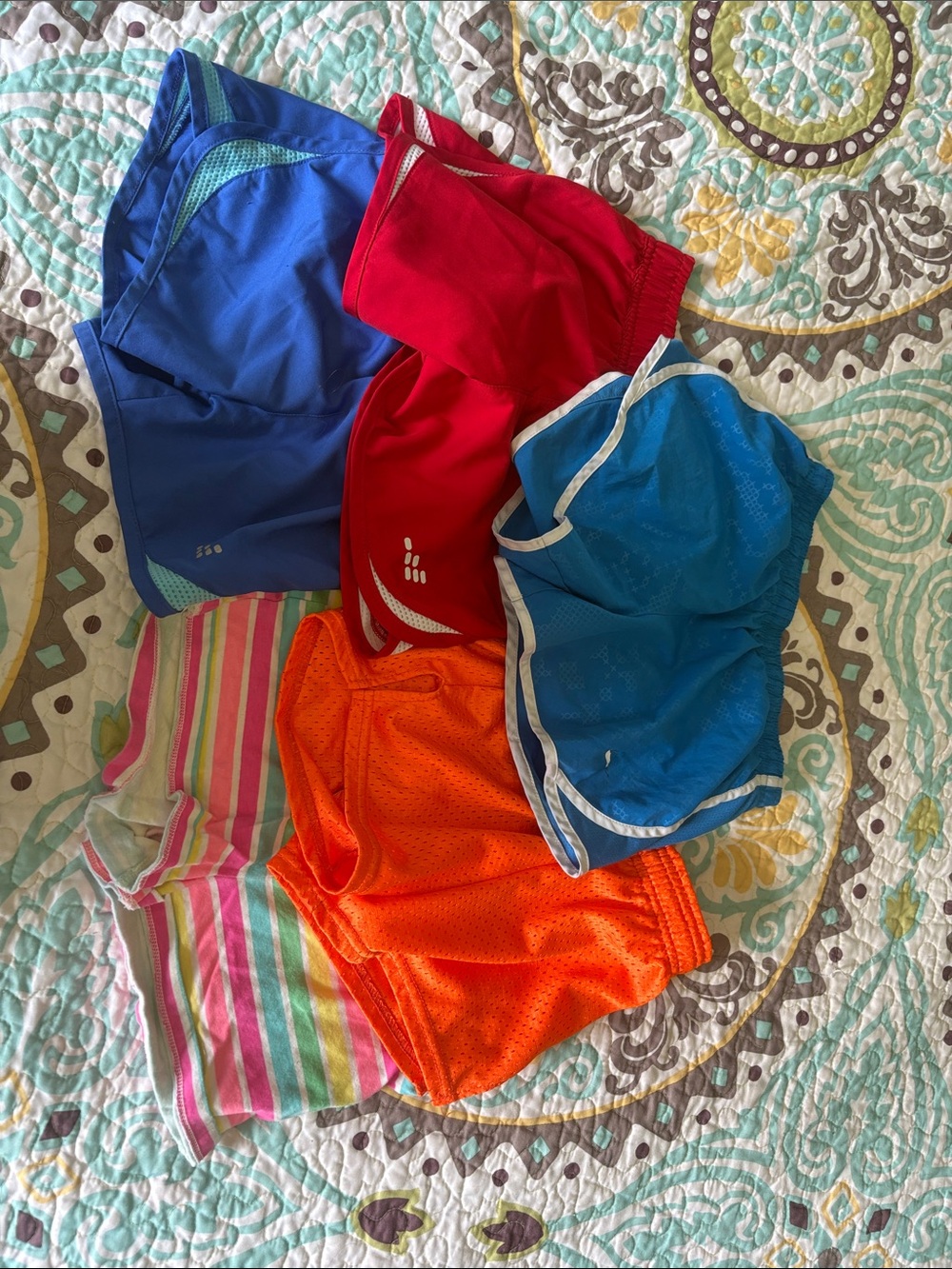 5 Pair Girls Assorted Athletic Shorts Bundle - Blue, Red, Orange, Turquoise